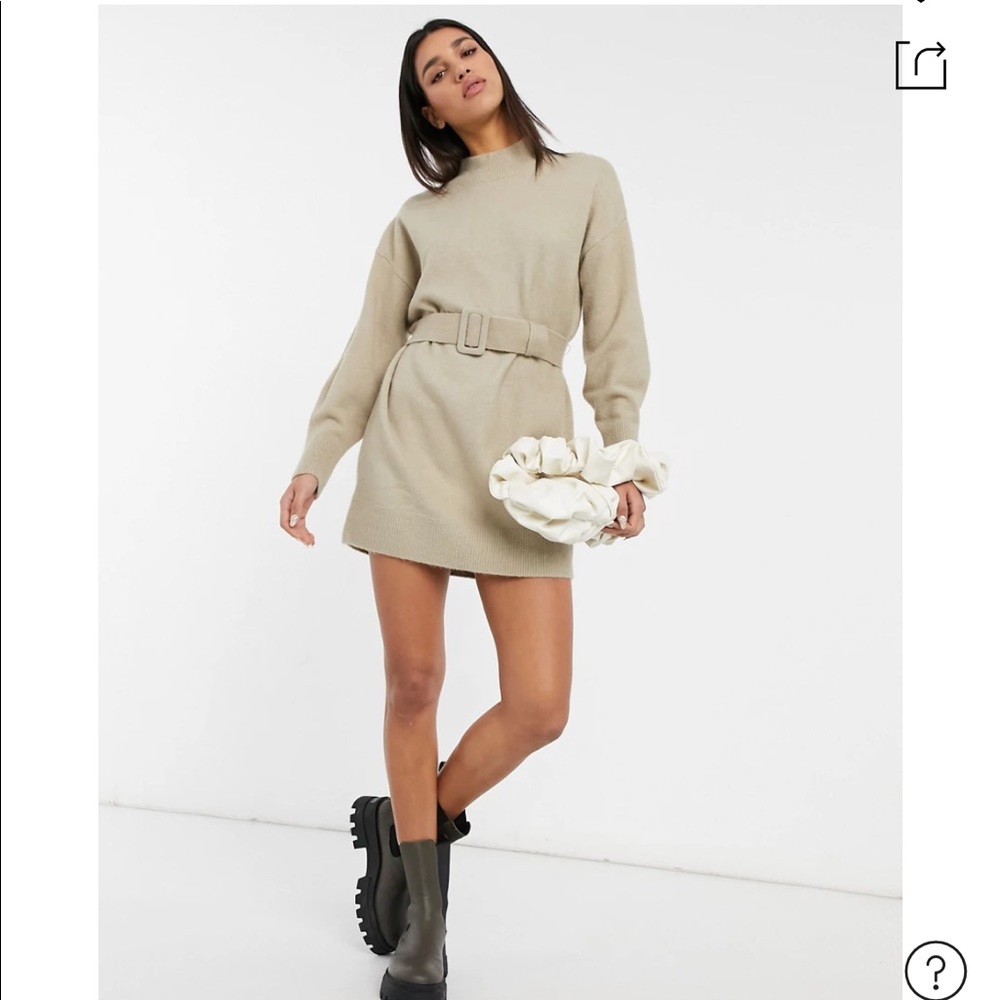 Beige Belted Sweater Dress